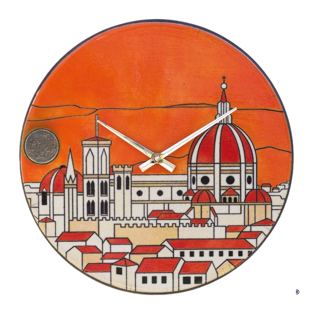 Handmade ceramic wall clock Raku design Florence orange background ⋆ Molish