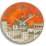 Orologio artigianale da parete in ceramica Raku Firenze sfondo Arancio