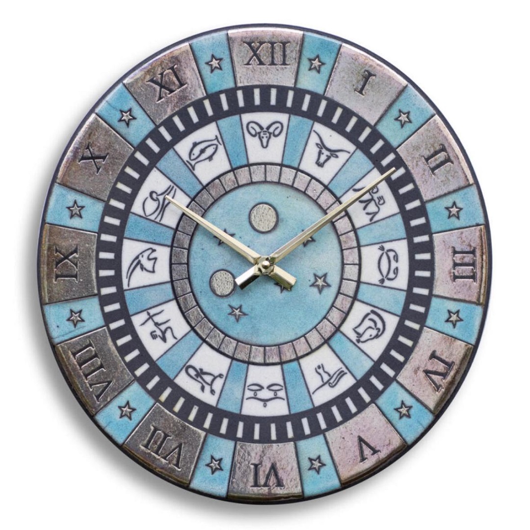 Orologio artigianale da parete in ceramica Raku design Segni Zodiacali