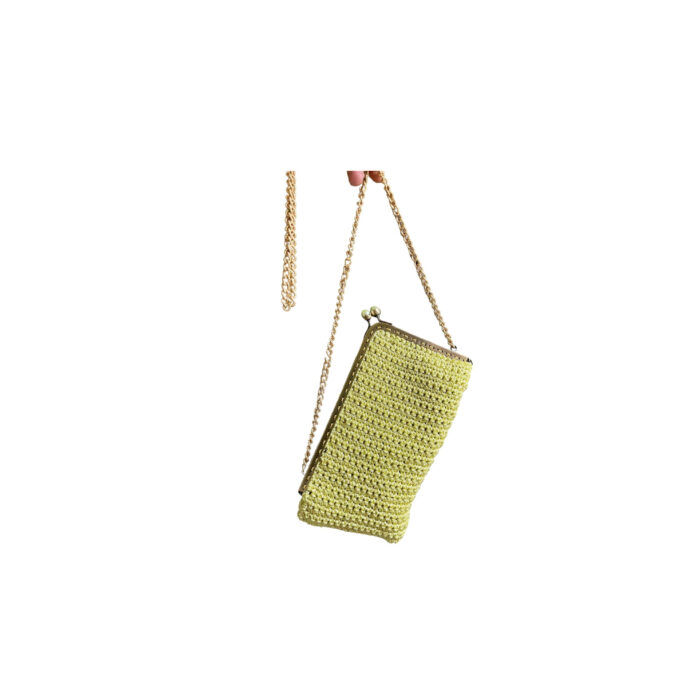 Porta cellulare realizzata in cordino (seta, poliestere e lurex) con tracollina modello CLUTCH