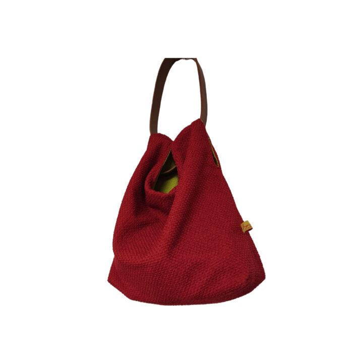 Due borse in una fatta a mano in tessuto bouclè colori rosso e verde mela modello DOUBLE